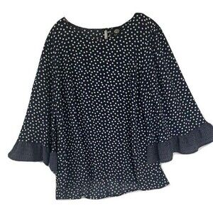 Bobeau Womens Polka Dot Bell Sleeve Blouse Flowy Boho Retro Large Black & White